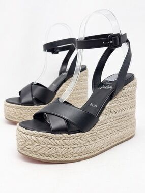 Christian Louboutin Mariza Zeppa Black Leather Wedge Sandals Size 38